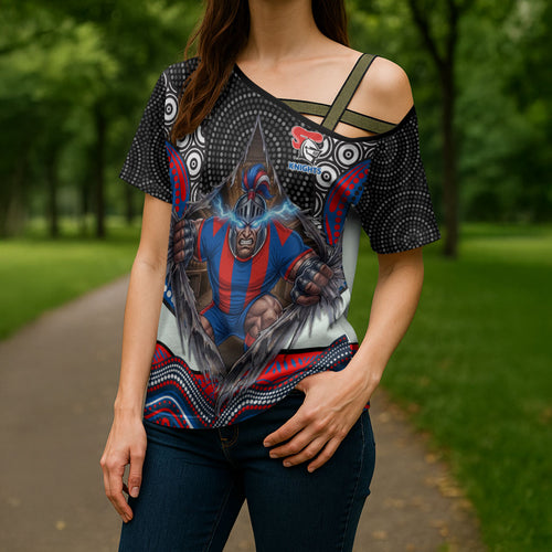 Newcastle Knights Cross Shoulder Shirt The Scream of Lightning Eyes - Indigenous Dot Ripping Effect