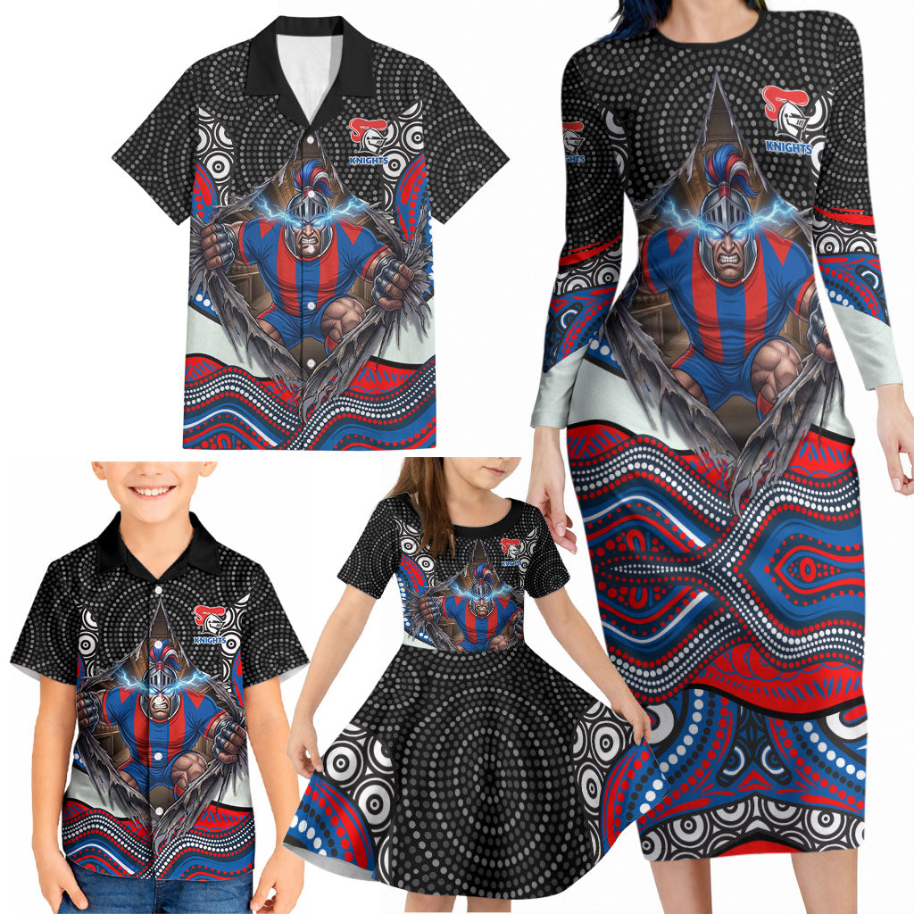 Newcastle Knights Family Matching Long Sleeve Bodycon Dress and Hawaiian Shirt The Scream of Lightning Eyes - Indigenous Dot Ripping Effect
