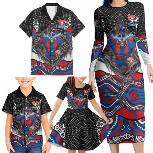 Newcastle Knights Family Matching Long Sleeve Bodycon Dress and Hawaiian Shirt The Scream of Lightning Eyes - Indigenous Dot Ripping Effect