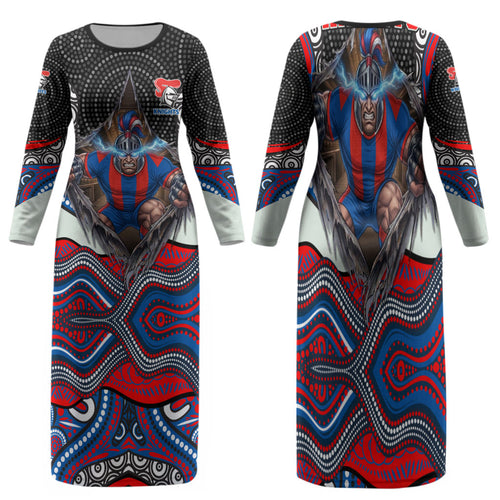 Newcastle Knights Family Matching Long Sleeve Bodycon Dress and Hawaiian Shirt The Scream of Lightning Eyes - Indigenous Dot Ripping Effect