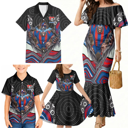 Newcastle Knights Family Matching Mermaid Dress and Hawaiian Shirt The Scream of Lightning Eyes - Indigenous Dot Ripping Effect