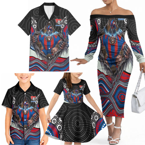 Newcastle Knights Family Matching Off The Shoulder Long Sleeve Dress and Hawaiian Shirt The Scream of Lightning Eyes - Indigenous Dot Ripping Effect