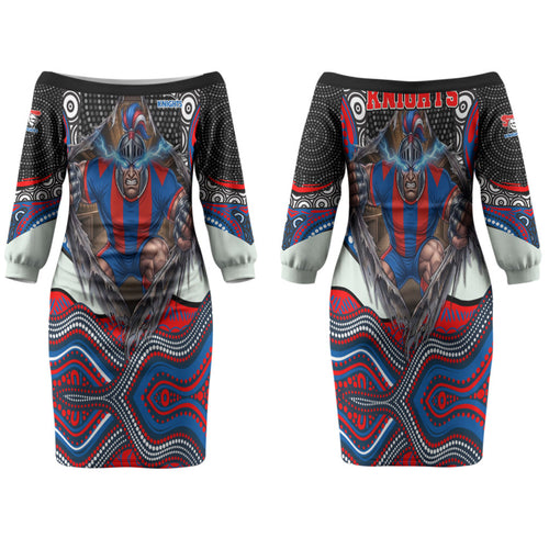 Newcastle Knights Family Matching Off The Shoulder Long Sleeve Dress and Hawaiian Shirt The Scream of Lightning Eyes - Indigenous Dot Ripping Effect