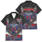 Newcastle Knights Family Matching Off The Shoulder Long Sleeve Dress and Hawaiian Shirt The Scream of Lightning Eyes - Indigenous Dot Ripping Effect