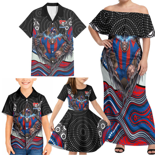 Newcastle Knights Family Matching Off Shoulder Maxi Dress and Hawaiian Shirt The Scream of Lightning Eyes - Indigenous Dot Ripping Effect