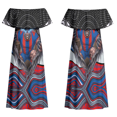 Newcastle Knights Family Matching Off Shoulder Maxi Dress and Hawaiian Shirt The Scream of Lightning Eyes - Indigenous Dot Ripping Effect