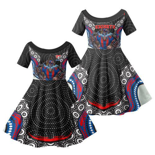 Newcastle Knights Family Matching Off Shoulder Maxi Dress and Hawaiian Shirt The Scream of Lightning Eyes - Indigenous Dot Ripping Effect