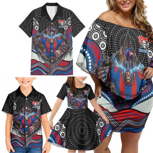 Newcastle Knights Family Matching Off Shoulder Short Dress and Hawaiian Shirt The Scream of Lightning Eyes - Indigenous Dot Ripping Effect