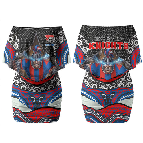 Newcastle Knights Family Matching Off Shoulder Short Dress and Hawaiian Shirt The Scream of Lightning Eyes - Indigenous Dot Ripping Effect