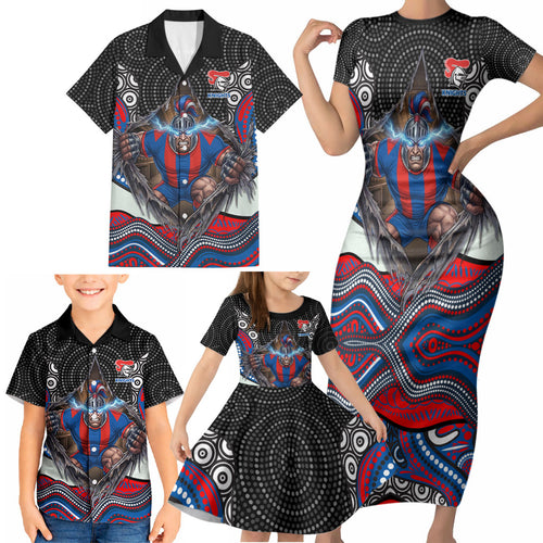 Newcastle Knights Family Matching Short Sleeve Bodycon Dress and Hawaiian Shirt The Scream of Lightning Eyes - Indigenous Dot Ripping Effect
