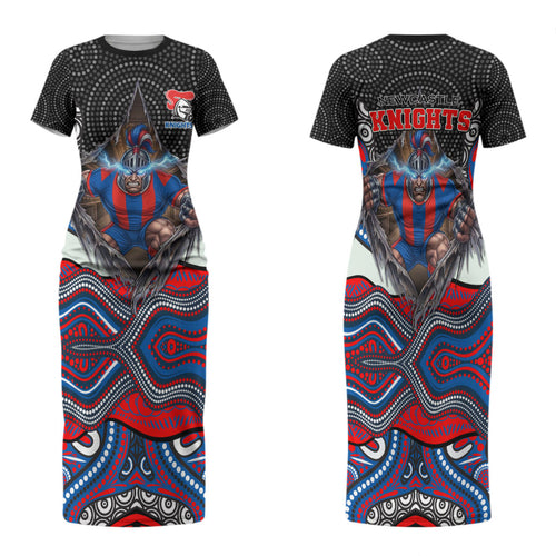 Newcastle Knights Family Matching Short Sleeve Bodycon Dress and Hawaiian Shirt The Scream of Lightning Eyes - Indigenous Dot Ripping Effect