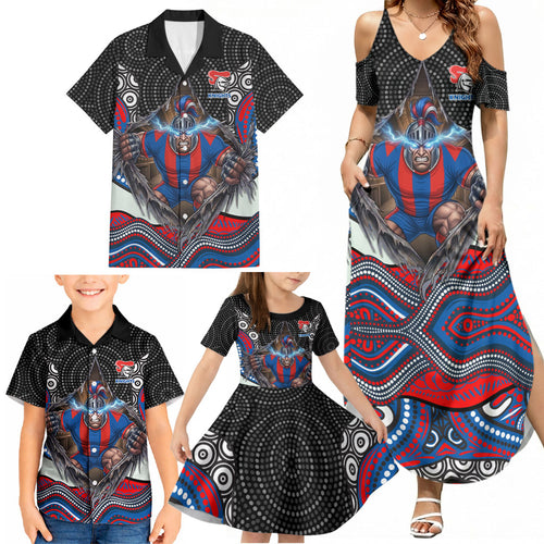 Newcastle Knights Family Matching Summer Maxi Dress and Hawaiian Shirt The Scream of Lightning Eyes - Indigenous Dot Ripping Effect
