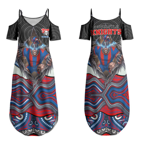 Newcastle Knights Family Matching Summer Maxi Dress and Hawaiian Shirt The Scream of Lightning Eyes - Indigenous Dot Ripping Effect
