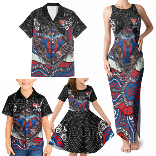 Newcastle Knights Family Matching Tank Maxi Dress and Hawaiian Shirt The Scream of Lightning Eyes - Indigenous Dot Ripping Effect