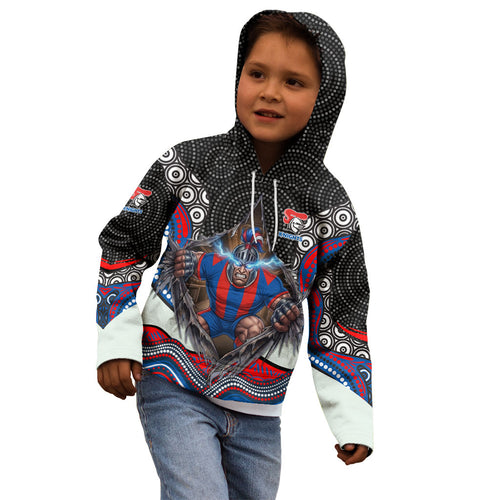Newcastle Knights Kid Hoodie The Scream of Lightning Eyes - Indigenous Dot Ripping Effect