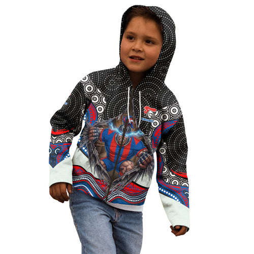 Newcastle Knights Kid Hoodie The Scream of Lightning Eyes - Indigenous Dot Ripping Effect