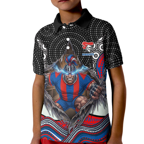 Newcastle Knights Kid Polo Shirt The Scream of Lightning Eyes - Indigenous Dot Ripping Effect