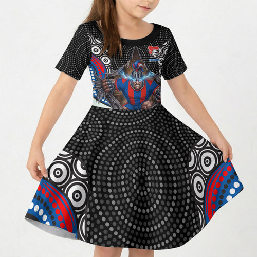 Newcastle Knights Kid Short Sleeve Dress The Scream of Lightning Eyes - Indigenous Dot Ripping Effect
