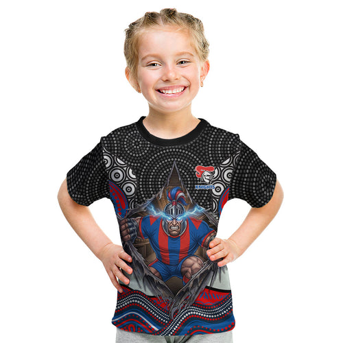 Newcastle Knights Kid T Shirt The Scream of Lightning Eyes - Indigenous Dot Ripping Effect