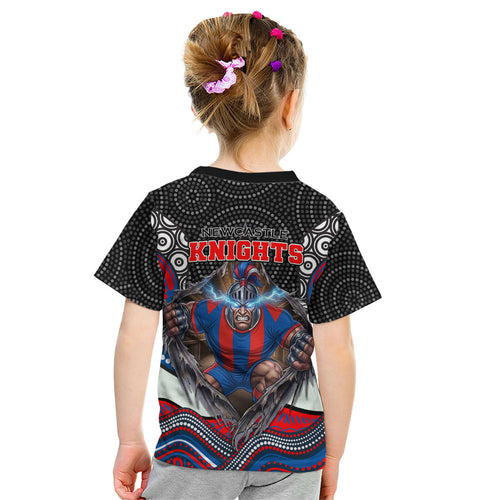 Newcastle Knights Kid T Shirt The Scream of Lightning Eyes - Indigenous Dot Ripping Effect