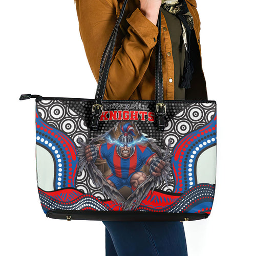 Newcastle Knights Leather Tote Bag The Scream of Lightning Eyes - Indigenous Dot Ripping Effect