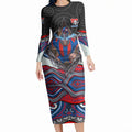 Newcastle Knights Long Sleeve Bodycon Dress The Scream of Lightning Eyes - Indigenous Dot Ripping Effect