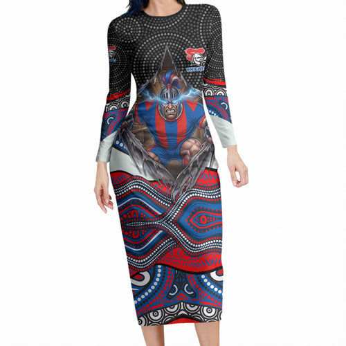 Newcastle Knights Long Sleeve Bodycon Dress The Scream of Lightning Eyes - Indigenous Dot Ripping Effect