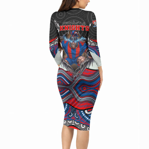 Newcastle Knights Long Sleeve Bodycon Dress The Scream of Lightning Eyes - Indigenous Dot Ripping Effect