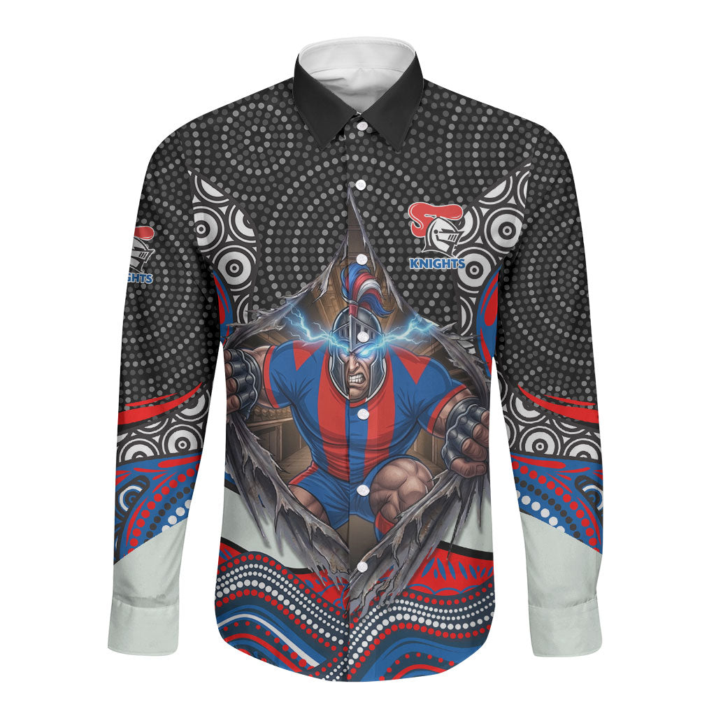 Newcastle Knights Long Sleeve Button Shirt The Scream of Lightning Eyes - Indigenous Dot Ripping Effect