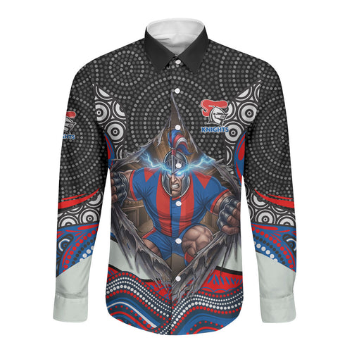 Newcastle Knights Long Sleeve Button Shirt The Scream of Lightning Eyes - Indigenous Dot Ripping Effect
