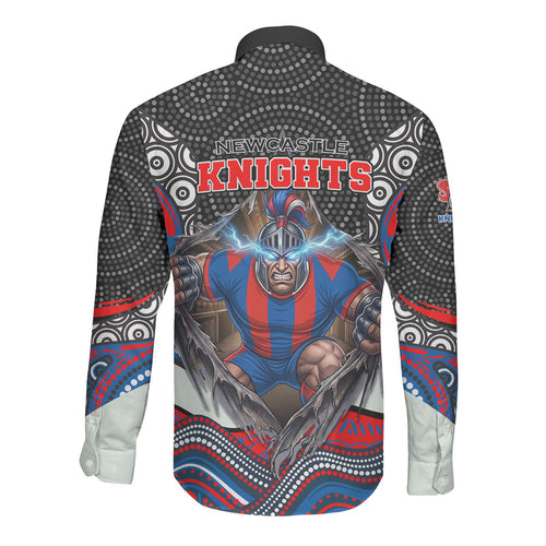 Newcastle Knights Long Sleeve Button Shirt The Scream of Lightning Eyes - Indigenous Dot Ripping Effect