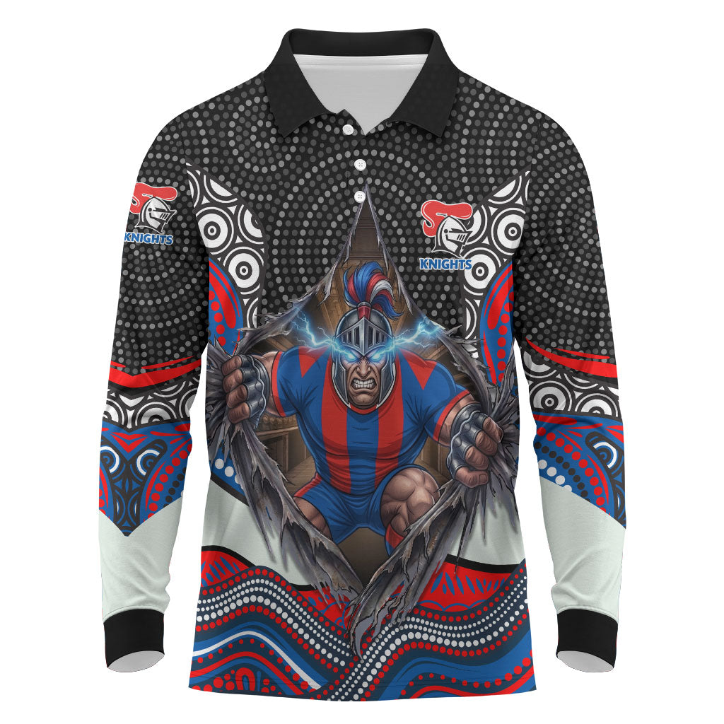 Newcastle Knights Long Sleeve Polo Shirt The Scream of Lightning Eyes - Indigenous Dot Ripping Effect