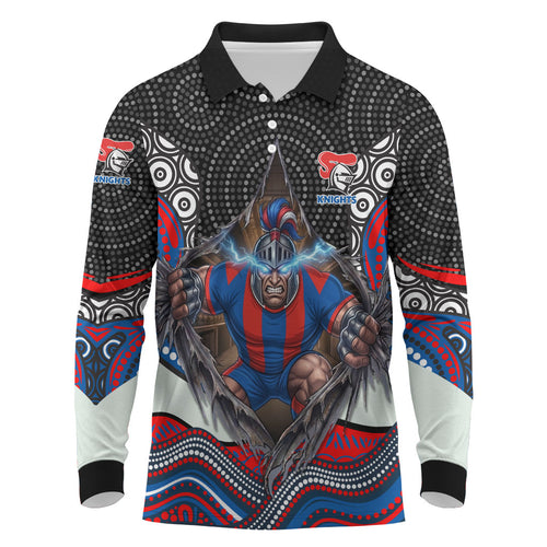 Newcastle Knights Long Sleeve Polo Shirt The Scream of Lightning Eyes - Indigenous Dot Ripping Effect