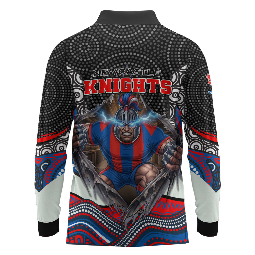 Newcastle Knights Long Sleeve Polo Shirt The Scream of Lightning Eyes - Indigenous Dot Ripping Effect