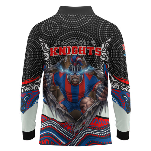 Newcastle Knights Long Sleeve Polo Shirt The Scream of Lightning Eyes - Indigenous Dot Ripping Effect