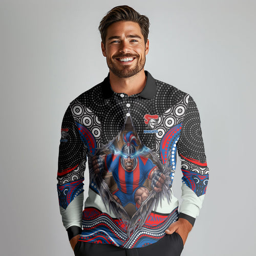 Newcastle Knights Long Sleeve Polo Shirt The Scream of Lightning Eyes - Indigenous Dot Ripping Effect