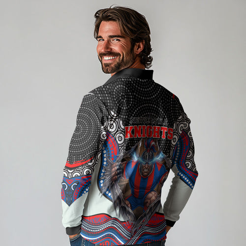 Newcastle Knights Long Sleeve Polo Shirt The Scream of Lightning Eyes - Indigenous Dot Ripping Effect