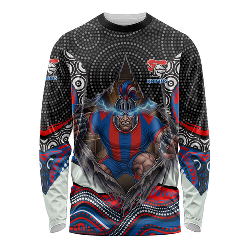 Newcastle Knights Long Sleeve Shirt The Scream of Lightning Eyes - Indigenous Dot Ripping Effect