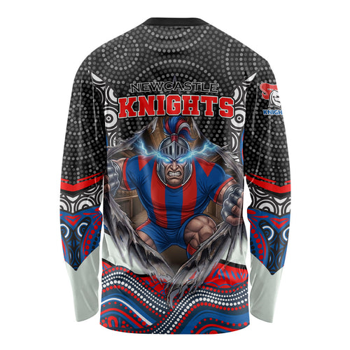 Newcastle Knights Long Sleeve Shirt The Scream of Lightning Eyes - Indigenous Dot Ripping Effect
