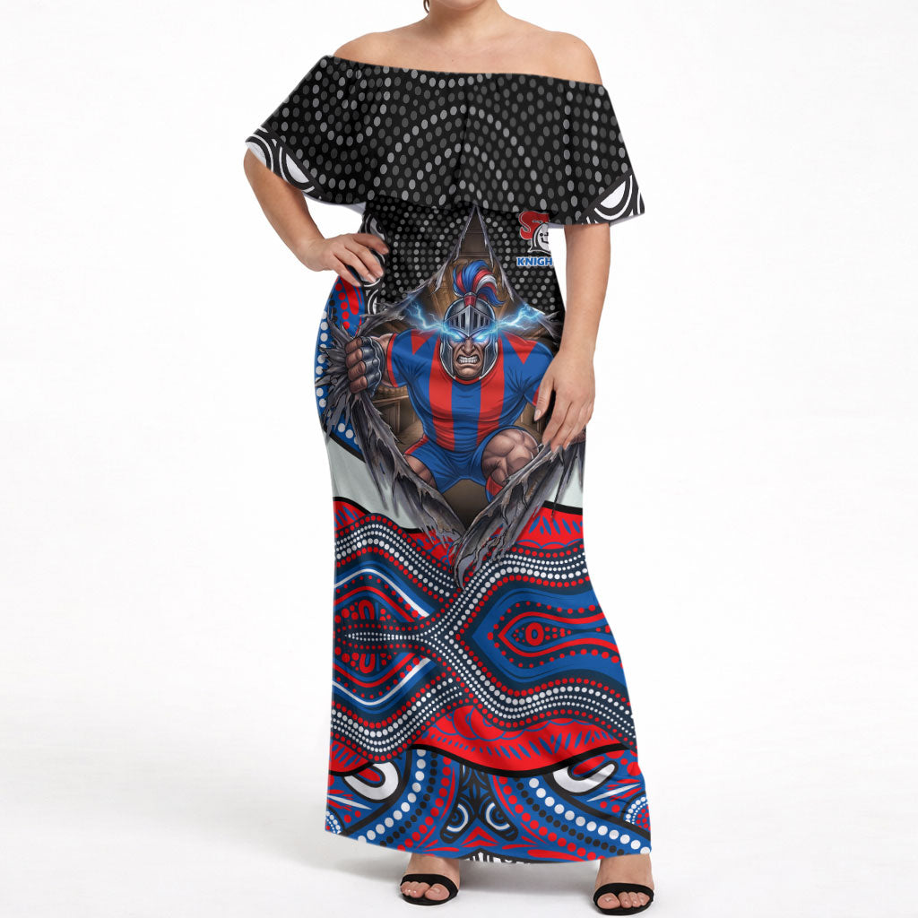 Newcastle Knights Off Shoulder Maxi Dress The Scream of Lightning Eyes - Indigenous Dot Ripping Effect