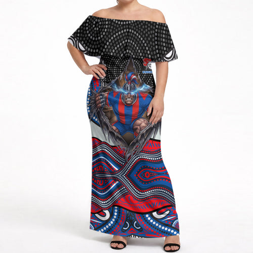 Newcastle Knights Off Shoulder Maxi Dress The Scream of Lightning Eyes - Indigenous Dot Ripping Effect