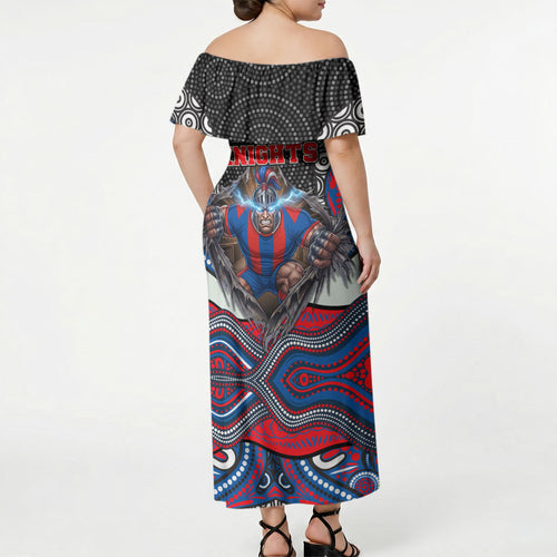 Newcastle Knights Off Shoulder Maxi Dress The Scream of Lightning Eyes - Indigenous Dot Ripping Effect