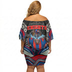 Newcastle Knights Off Shoulder Short Dress The Scream of Lightning Eyes - Indigenous Dot Ripping Effect