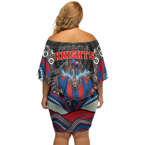 Newcastle Knights Off Shoulder Short Dress The Scream of Lightning Eyes - Indigenous Dot Ripping Effect