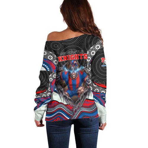 Newcastle Knights Off Shoulder Sweater The Scream of Lightning Eyes - Indigenous Dot Ripping Effect