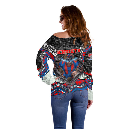 Newcastle Knights Off Shoulder Sweater The Scream of Lightning Eyes - Indigenous Dot Ripping Effect