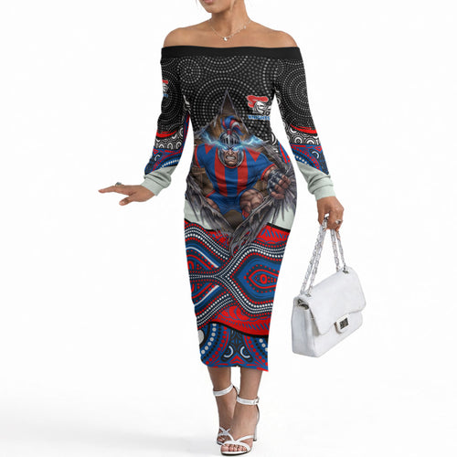 Newcastle Knights Off The Shoulder Long Sleeve Dress The Scream of Lightning Eyes - Indigenous Dot Ripping Effect