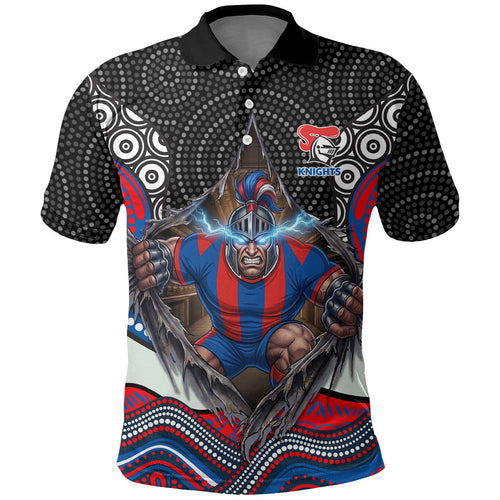 Newcastle Knights Polo Shirt The Scream of Lightning Eyes - Indigenous Dot Ripping Effect