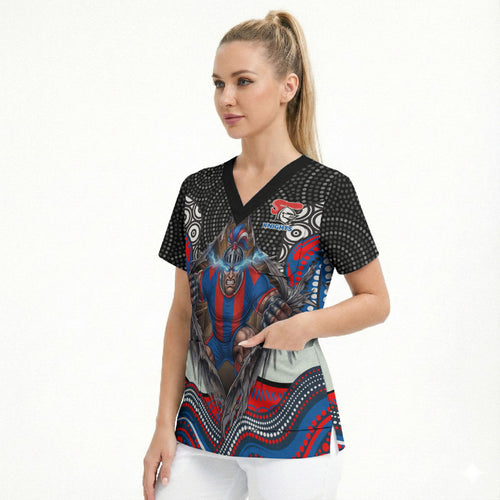Newcastle Knights Scrub Top The Scream of Lightning Eyes - Indigenous Dot Ripping Effect
