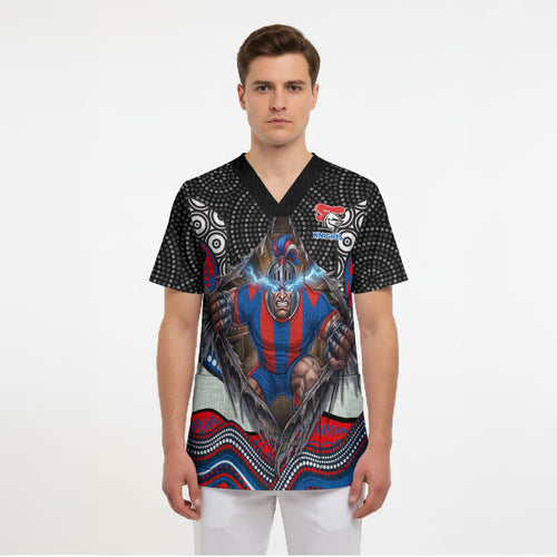 Newcastle Knights Scrub Top The Scream of Lightning Eyes - Indigenous Dot Ripping Effect